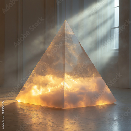 una piramide de humo hecha por laser de color blanco con tonos dorados