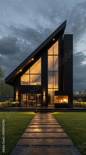 Modern SingleStory Home with Patio and Outdoor Fireplace in Photorealistic Rendering photo