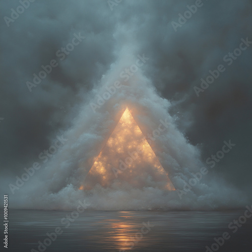 una piramide de humo hecha por laser de color blanco con tonos dorados
