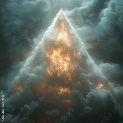 una piramide de humo hecha por laser de color blanco con tonos dorados