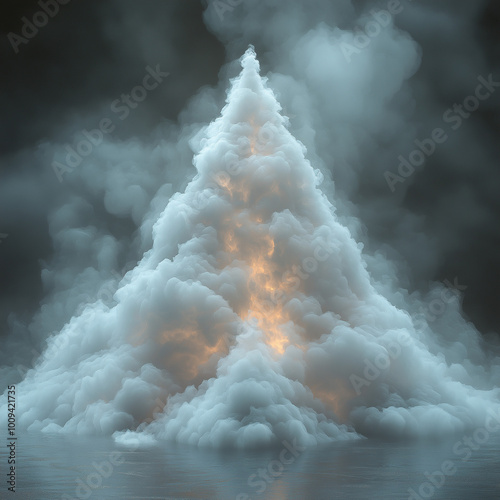 una piramide de humo hecha por laser de color blanco con tonos dorados