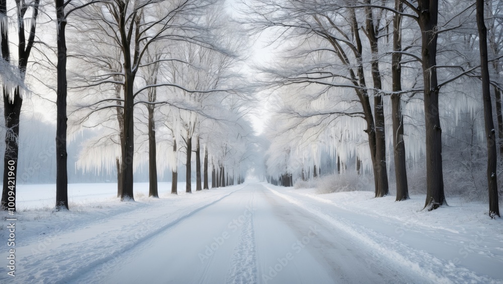A Snowy Forest Path with Icicles Hanging from Branches. A Snowy Forest Path with Icicles Hanging from Branches.