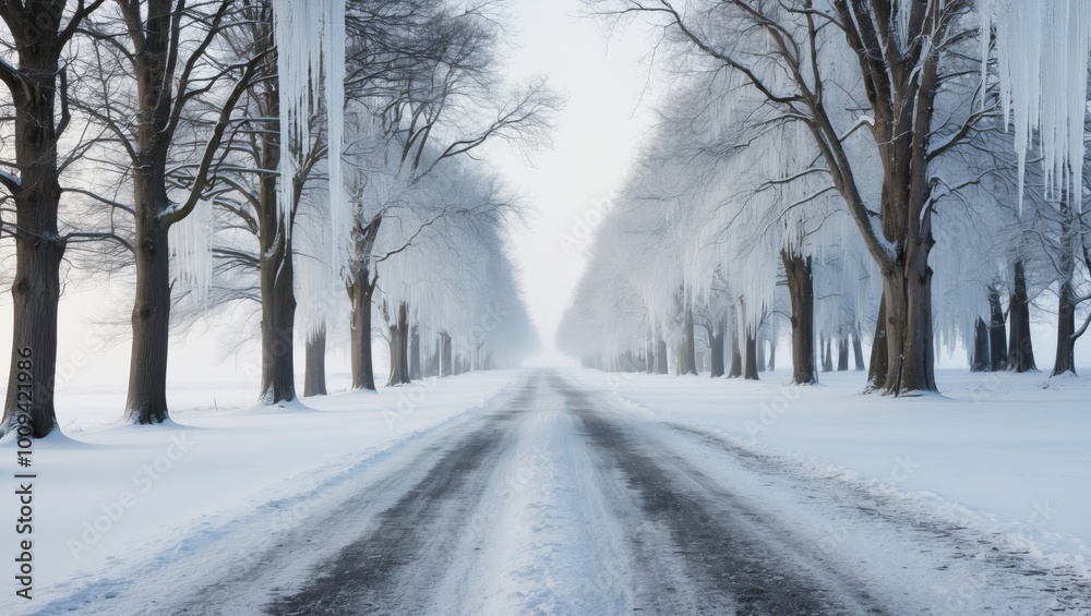 A Snowy Forest Path with Icicles Hanging from Branches. A Snowy Forest Path with Icicles Hanging from Branches.