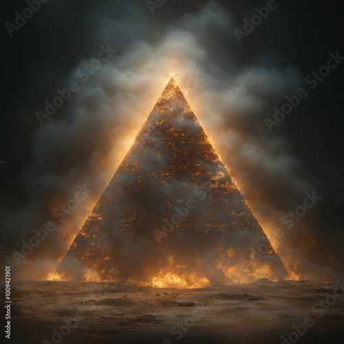 una piramide de humo hecha por laser de color blanco con tonos dorados