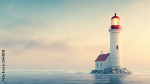 Lighthouse at Dawn. Calm water. Generative ai