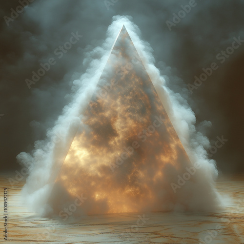una piramide de humo hecha por laser de color blanco con tonos dorados