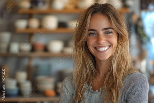 Happy female entrepreneur smiling at the camera in her ceramic shop, Generative AI