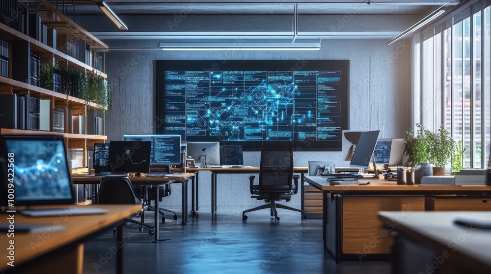 Futuristic Tech-Savvy Office Space With Holographic Display Futuristic Tech-Savvy Office Space With Holographic Display