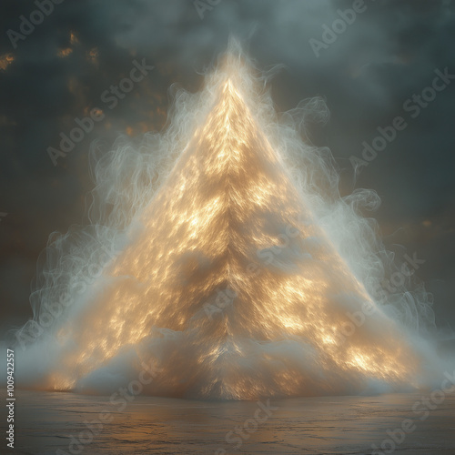 una piramide de humo hecha por laser de color blanco con tonos dorados