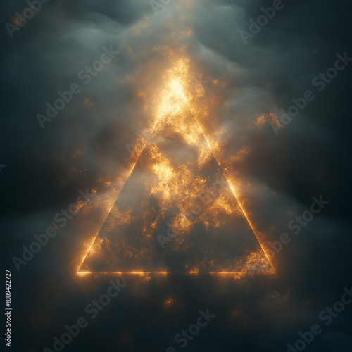 una piramide de humo hecha por laser de color blanco con tonos dorados