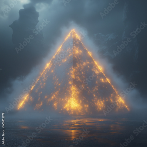 una piramide de humo hecha por laser de color blanco con tonos dorados