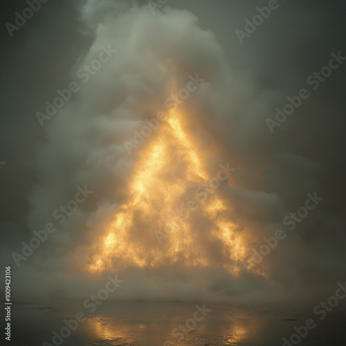 una piramide de humo hecha por laser de color blanco con tonos dorados