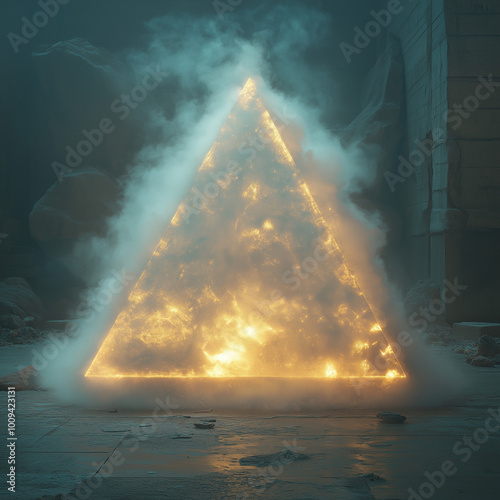 una piramide de humo hecha por laser de color blanco con tonos dorados