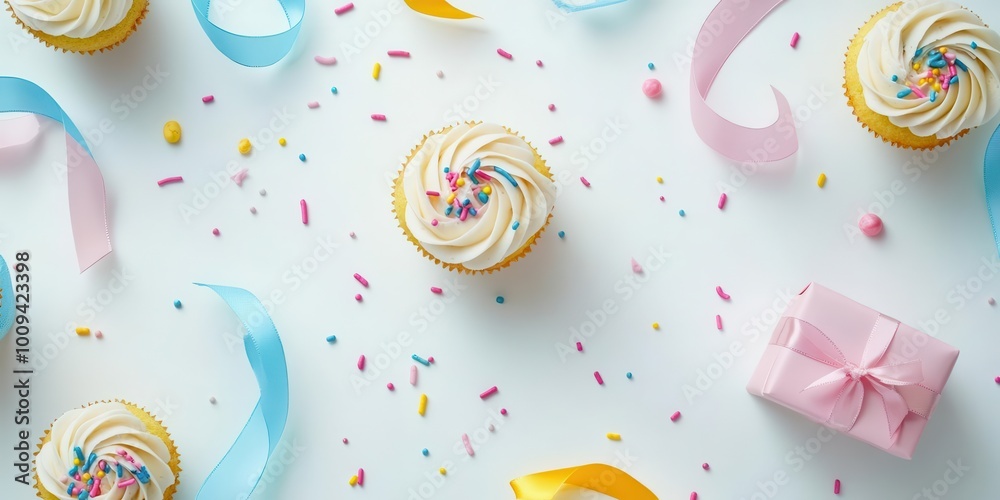 A festive arrangement of cupcakes, ribbons, and a gift box for a celebration. A festive arrangement of cupcakes, ribbons, and a gift box for a celebration.