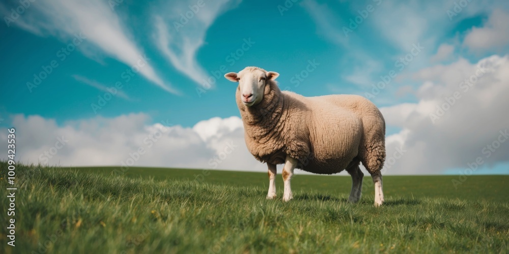Sheep Grazing in Green Pasture Under Blue Sky with Fluffy Clouds. Sheep Grazing in Green Pasture Under Blue Sky with Fluffy Clouds.