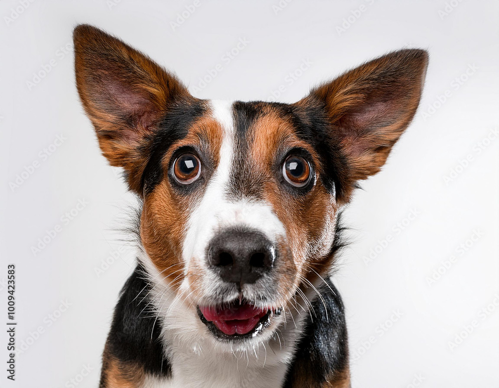 Retrato de perro con expresion de sorpresa sobre fondo blanco Retrato de perro con expresion de sorpresa sobre fondo blanco