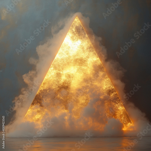 una piramide de humo hecha por laser de color blanco con tonos dorados