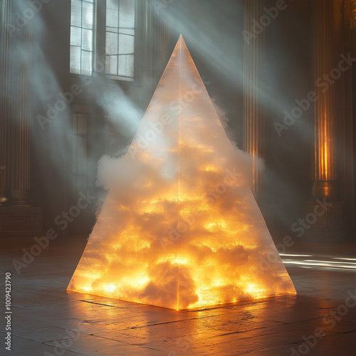 una piramide de humo hecha por laser de color blanco con tonos dorados