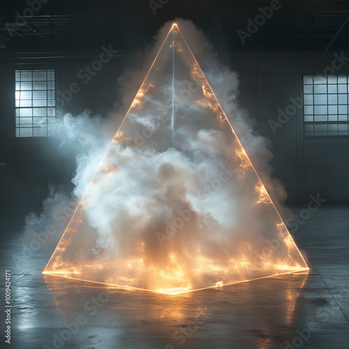 una piramide de humo hecha por laser de color blanco con tonos dorados