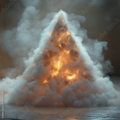 una piramide de humo hecha por laser de color blanco con tonos dorados