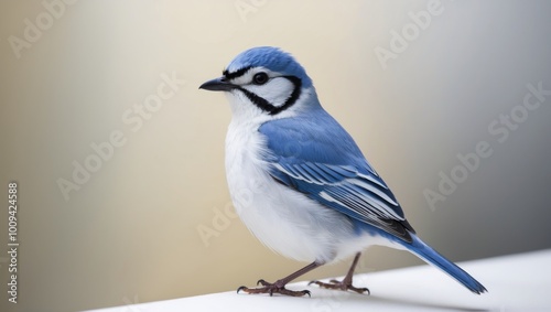 A tight shot of a blue and white bird with a blurred background. photo