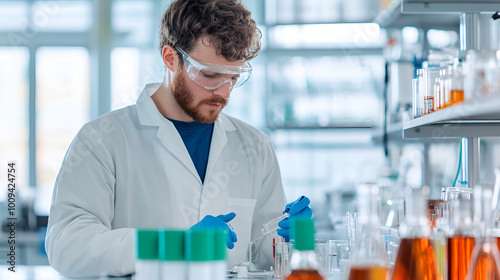 A scientist in a laboratory conducts research and development on bio-based materials, exploring sustainable alternatives for manufacturing using organic compounds and green technology.