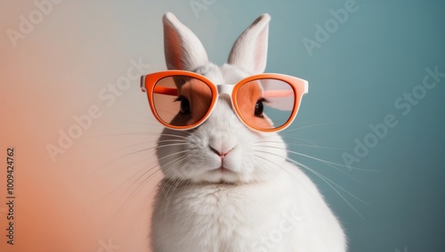 Cute Bunny in Sunglasses on Blue and Orange Background. photo