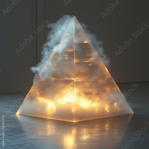 una piramide de humo hecha por laser de color blanco con tonos dorados