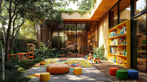 Fototapeta Naklejka Na Ścianę i Meble -  A vibrant outdoor learning space for children featuring colorful toys and play areas in a natural garden setting