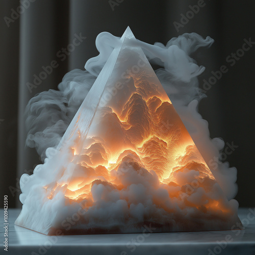 una piramide de humo hecha por laser de color blanco con tonos dorados