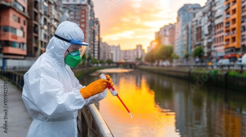 scientist testing water quality in canals to monitor industrial pollution.