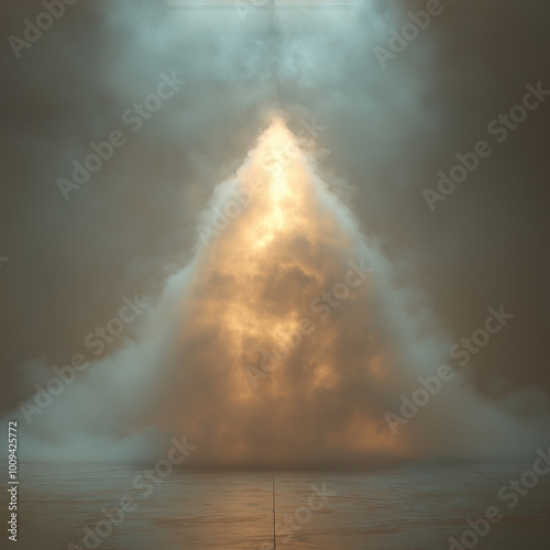 una piramide de humo hecha por laser de color blanco con tonos dorados