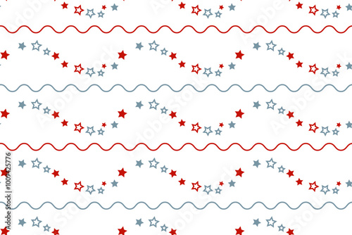 Seamless isolated vector pattern ribbons stars waves colorfull gray red wavy lines background Textile children's design scrapbooking wrapping paper cardmaking decoration textile bed linen Typography