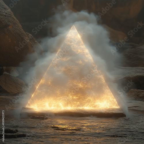 una piramide de humo hecha por laser de color blanco con tonos dorados