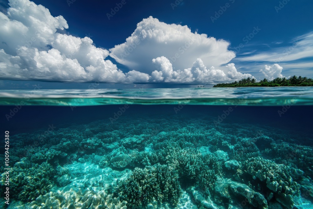 Close-up view of the crystal-clear turquoise ocean sea, with sunlight creating patterns on the water’s surface, reflecting the serenity and purity of tropical seas under a bright, cloud-filled sky. Close-up view of the crystal-clear turquoise ocean sea, with sunlight creating patterns on the water’s surface, reflecting the serenity and purity of tropical seas under a bright, cloud-filled sky.