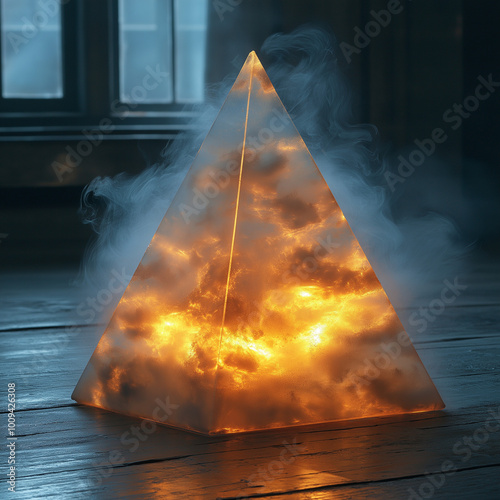 una piramide de humo hecha por laser de color blanco con tonos dorados photo