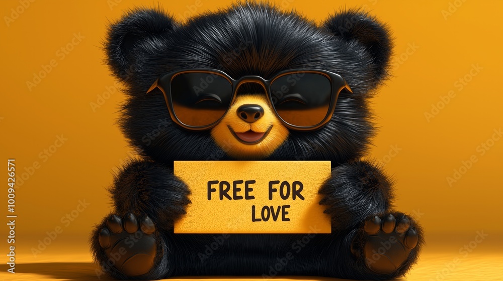 A smiling cute toy dark bear wearing sunglasses and holding a sign that says A smiling cute toy dark bear wearing sunglasses and holding a sign that says