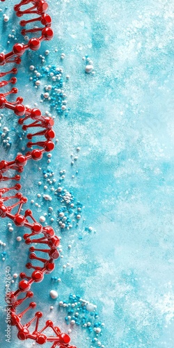 Red DNA strand on a blue textured background with scattered elements. photo