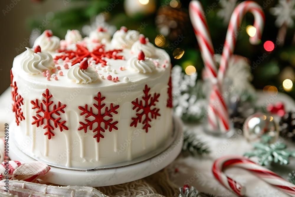 A beautifully decorated Christmas cake with snowflake icing and candy canes on a festive table A beautifully decorated Christmas cake with snowflake icing and candy canes on a festive table