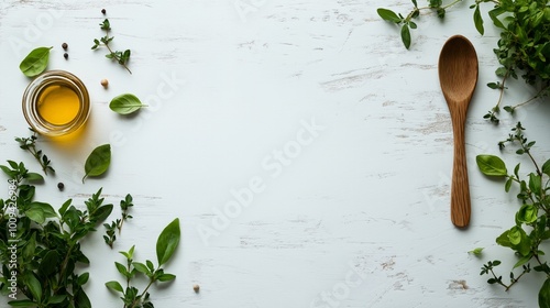 Food background with spoon and with spices and herbs for menu and recipe. Copy space, top view photo