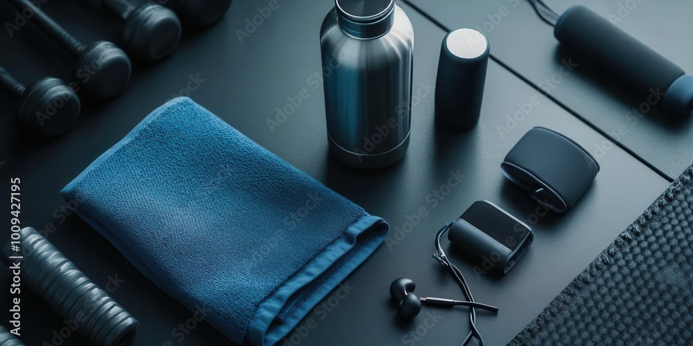 A fitness setup featuring dumbbells, a water bottle, a towel, and headphones for workouts. A fitness setup featuring dumbbells, a water bottle, a towel, and headphones for workouts.