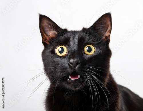 Retrato de gato negro con expresion de sorpresa sobre fondo blanco