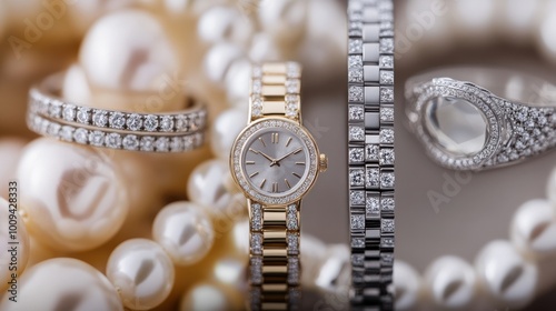 A 5-strip image of jewelry: diamond ring, gold bracelet, pearl necklace, silver earrings, and a platinum watch. Elegant and precious. photo