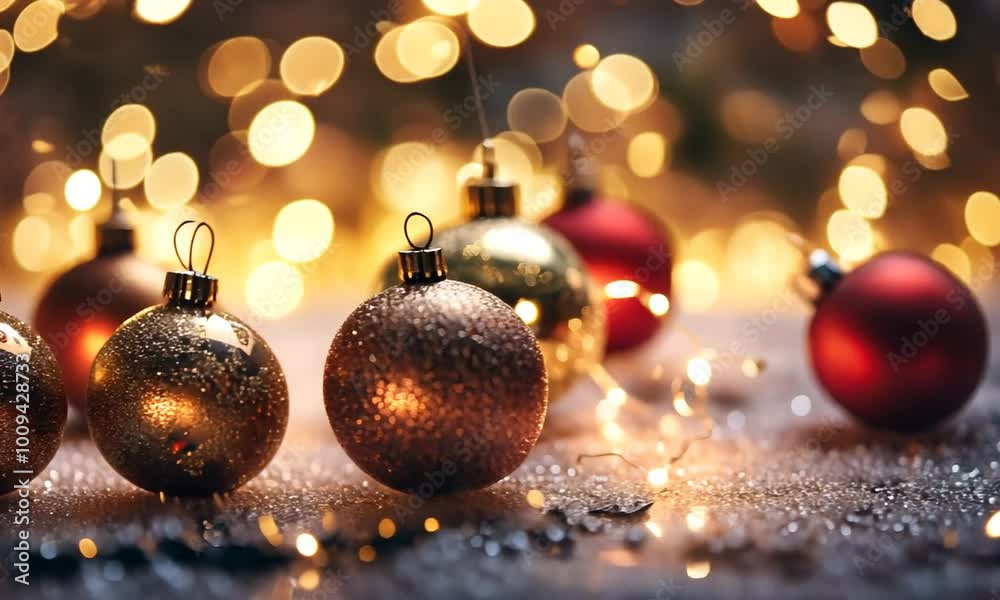 Christmas ornaments with bokeh lights and snow Christmas ornaments with bokeh lights and snow