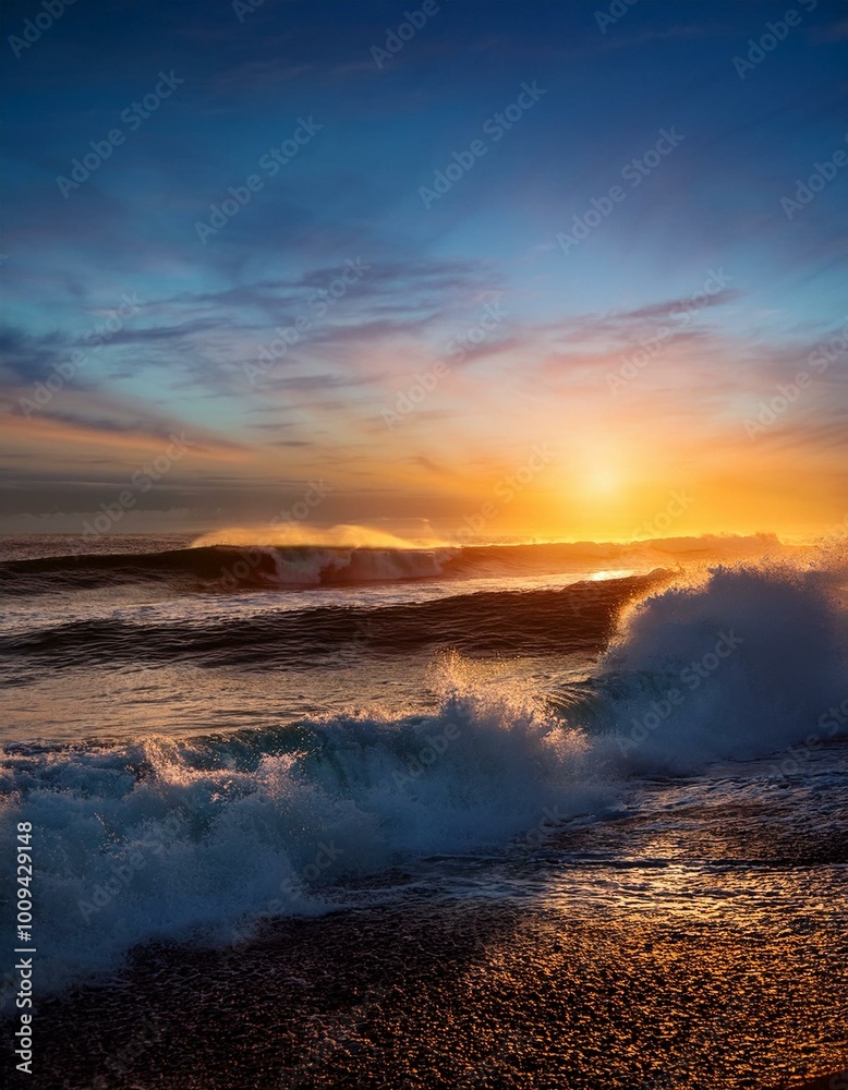A tidal wave crashing against the shore at sunrise, the sun’s light reflecting off the powerful water, ocean power at dawn beauty in nature
