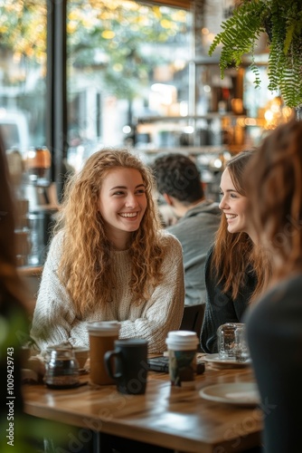 Smiling women friends meeting in a coffee shop, Generative AI