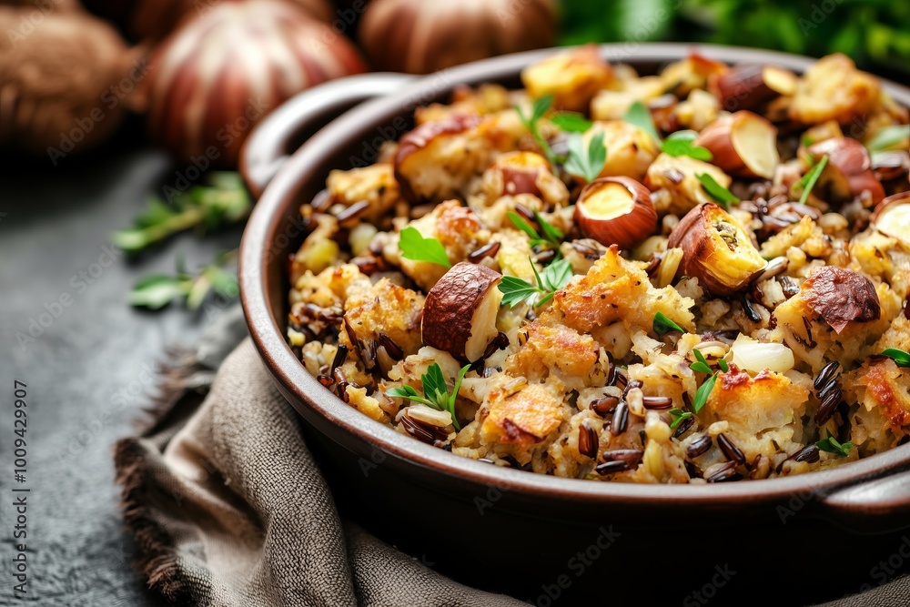 chestnut and wild rice stuffing, featuring crunchy chestnuts, wild rice, and fresh herbs like thyme and parsley chestnut and wild rice stuffing, featuring crunchy chestnuts, wild rice, and fresh herbs like thyme and parsley