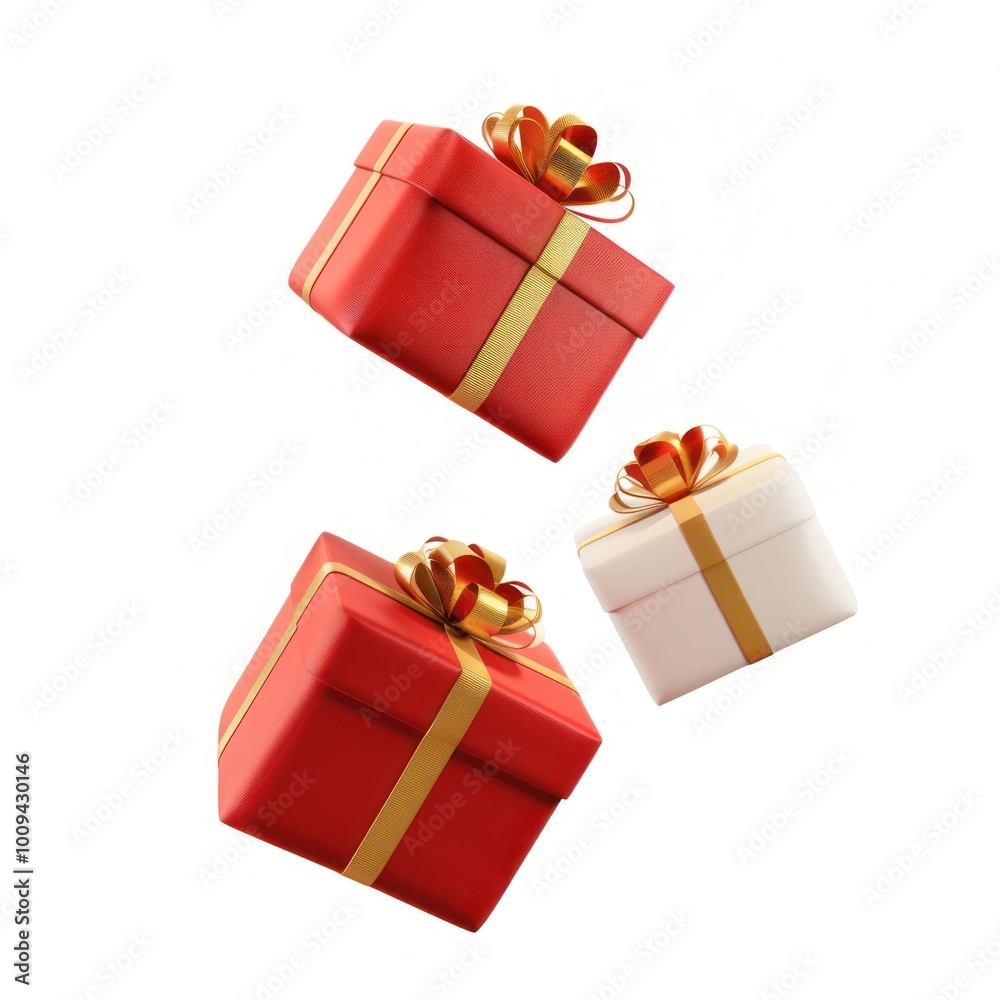 Fototapeta premium Dissected floating red gifts ribbons white celebration.