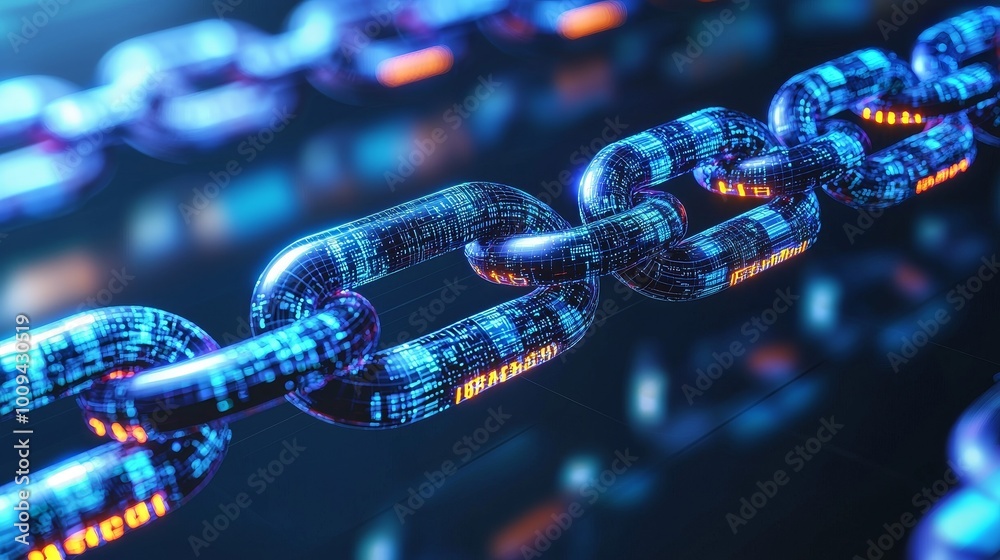 Digital Chain Link with Binary Code, 3D Illustration, Blue and Orange, Security, Blockchain, Data Digital Chain Link with Binary Code, 3D Illustration, Blue and Orange, Security, Blockchain, Data