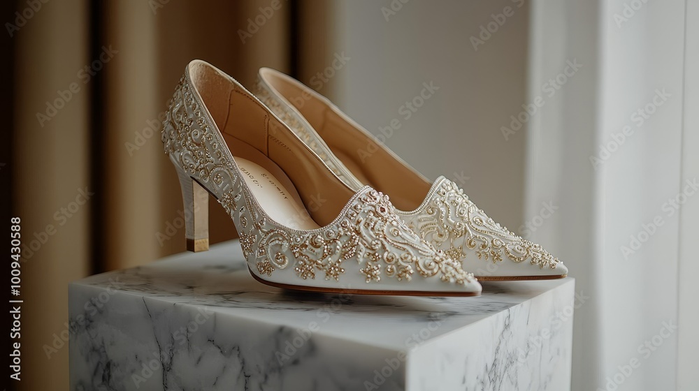 Obraz premium Elegant White Bridal Heels with Gold Embroidery, Wedding Shoes, Bridal Style, Wedding Accessories, Bride